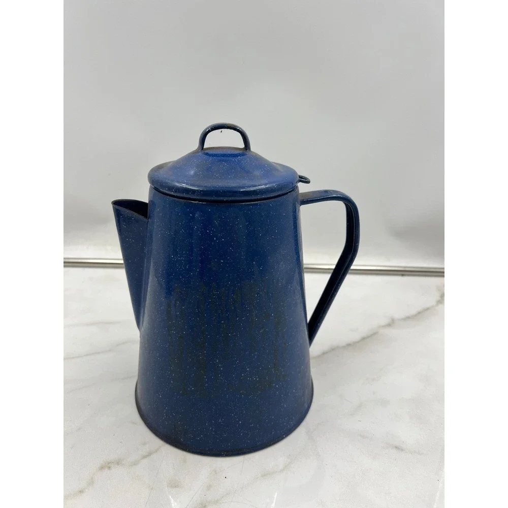 Vintage Blue Speckled Enamelware Coffee Percolator Pot Rustic Camping Farmhouse